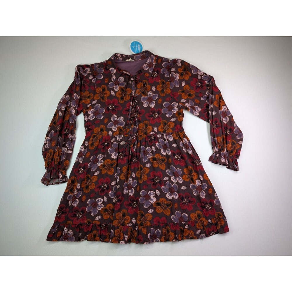 NWT UMGEE Floral Babydoll Mini Dress Boho Retro Long Sleeve Brown Burgundy Lrg